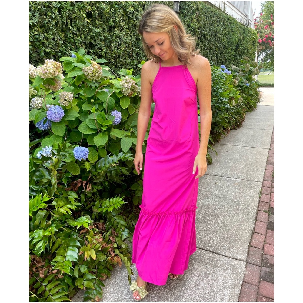 Sheln summer sundress size 0XL straps tie halter neck fuchsia pink flared maxi
